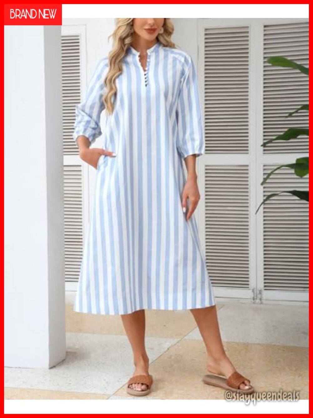 Women's 100% Cotton Striped Midi Shift Dress with Pockets - Picture 2 of 4